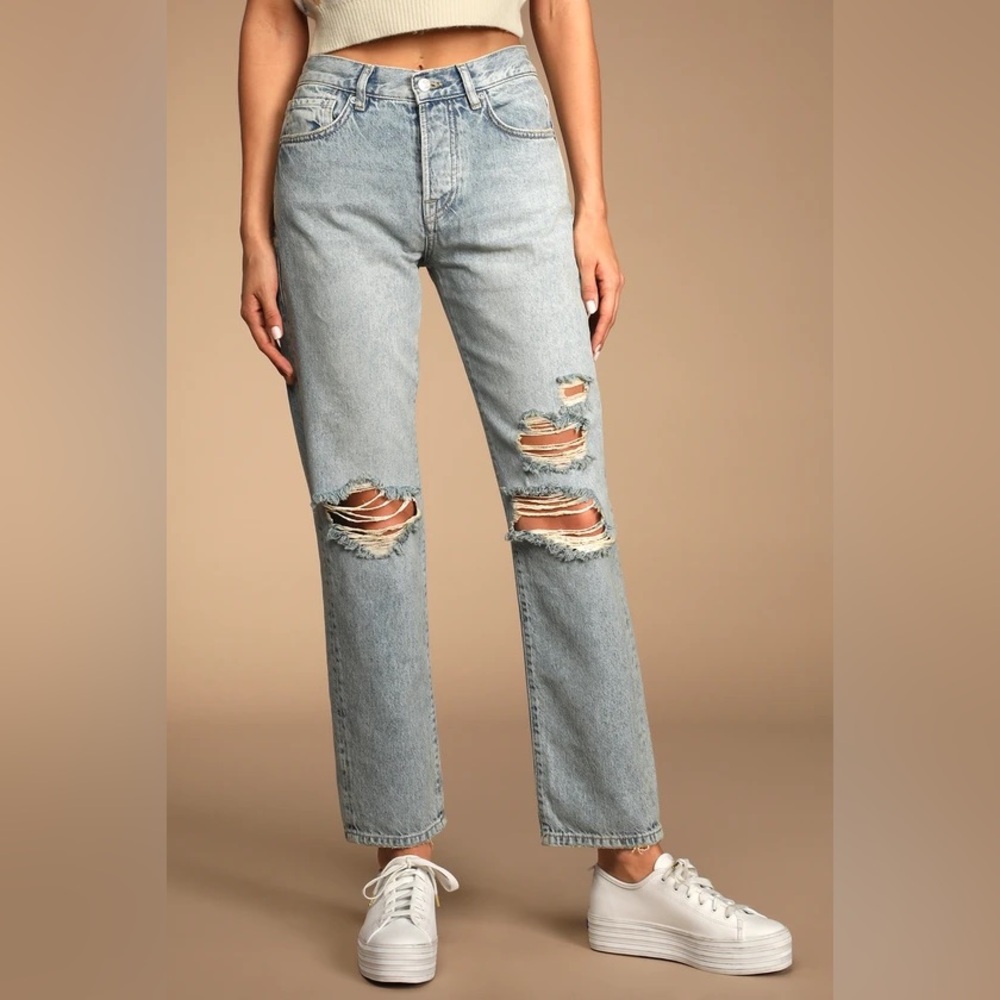 FREE PEOPLE Bren Light Wash Distressed High-Rise Denim Boyfriend Jeans Size 24